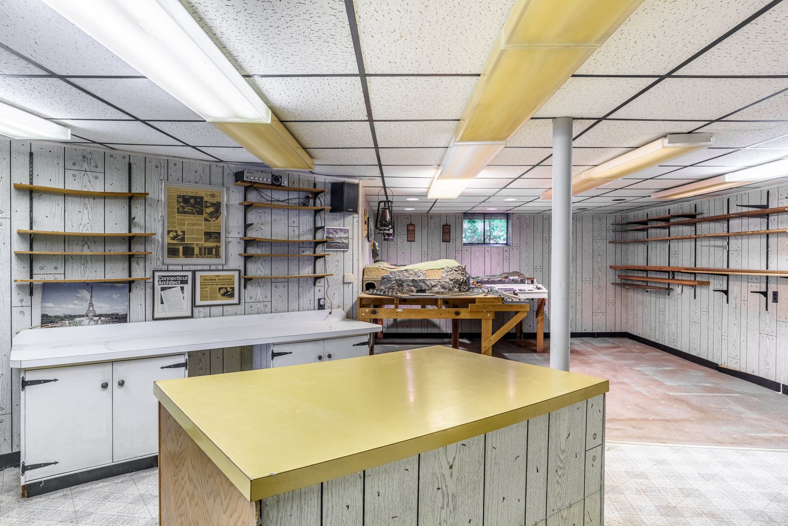 Lower-level workshop with work benches
